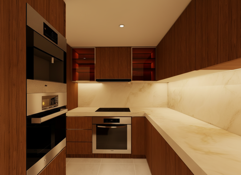 Custom walnut kitchen cabinetry featuring integrated appliances, natural stone backsplash, concealed lighting, and contemporary luxury detailing.