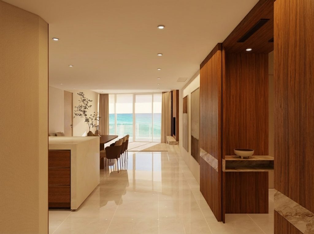 Luxury residential entrance featuring warm wood paneling, natural stone walls, concealed lighting, and a minimalist custom bench designed by CMod Interiors.