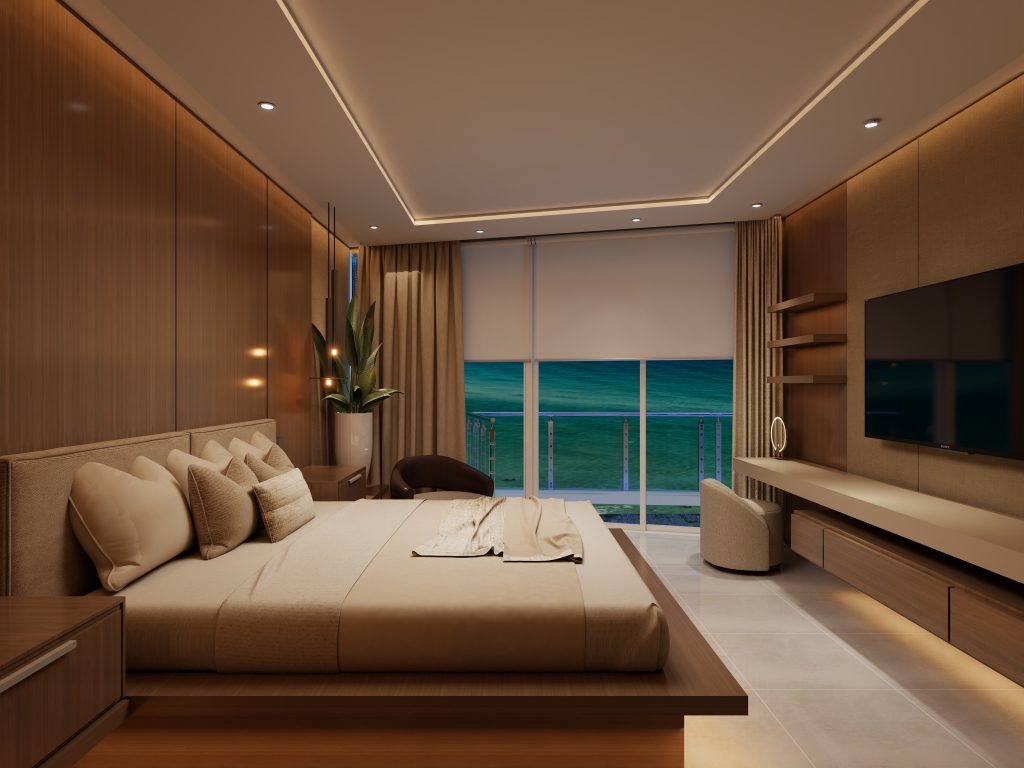Luxury modern master bedroom with warm wood paneling, floor-to-ceiling windows, indirect cove lighting, custom millwork, and a panoramic ocean view.