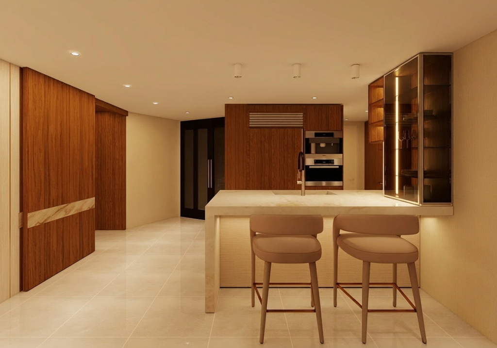 Luxury modern kitchen featuring a waterfall marble island, custom walnut cabinetry, integrated appliances, illuminated glass display cabinet, and warm contemporary finishes.