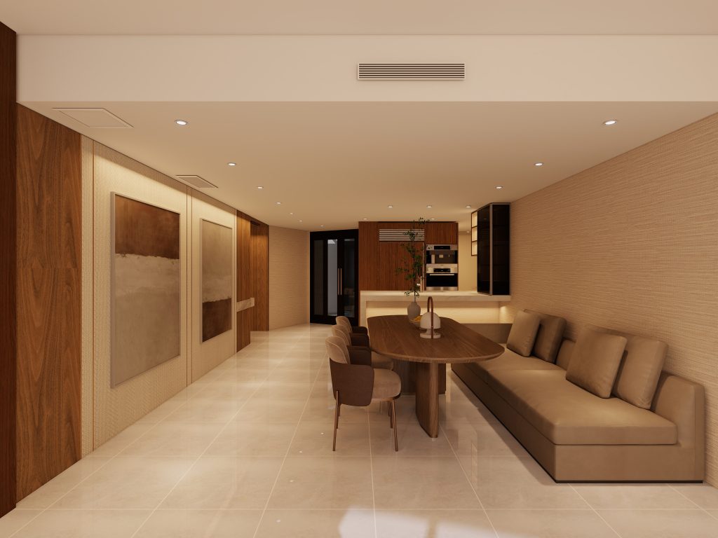 Luxury open-plan dining room with a custom walnut dining table, built-in banquette seating, textured wall panels, and a seamless connection to a contemporary kitchen.