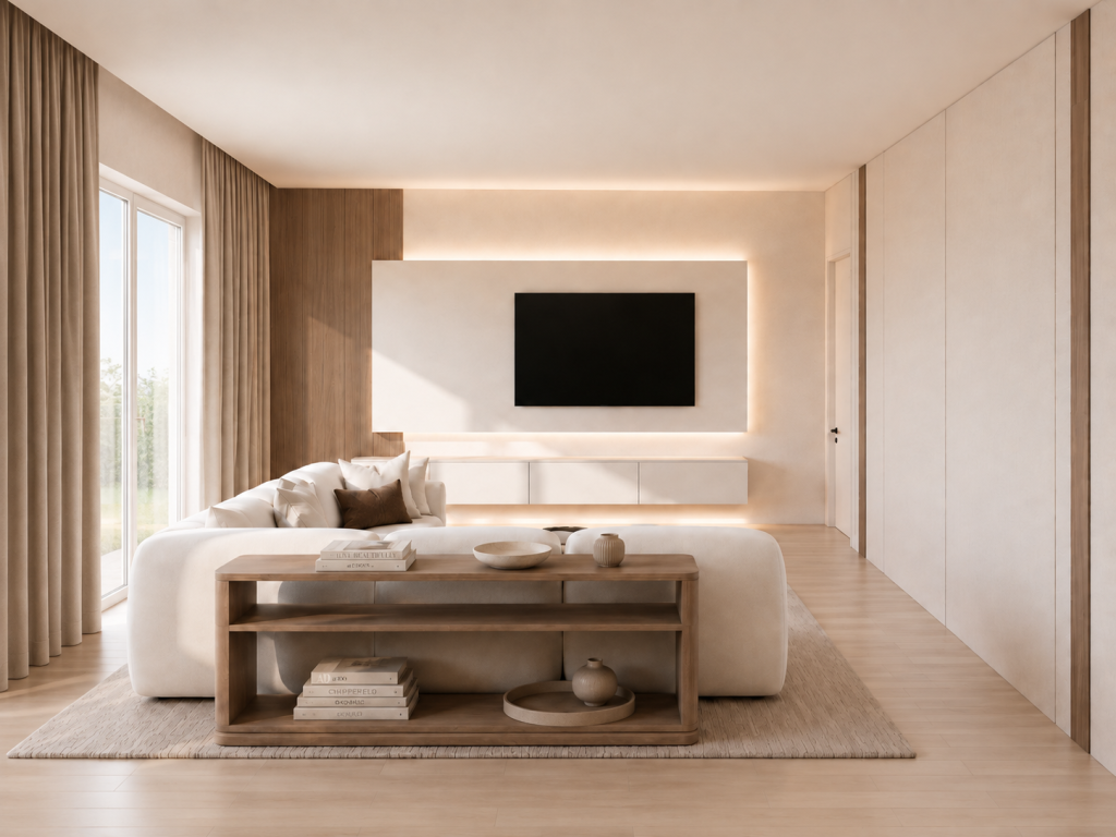 Warm modern living room with neutral furniture, built-in TV wall, soft lighting, and natural wood details.