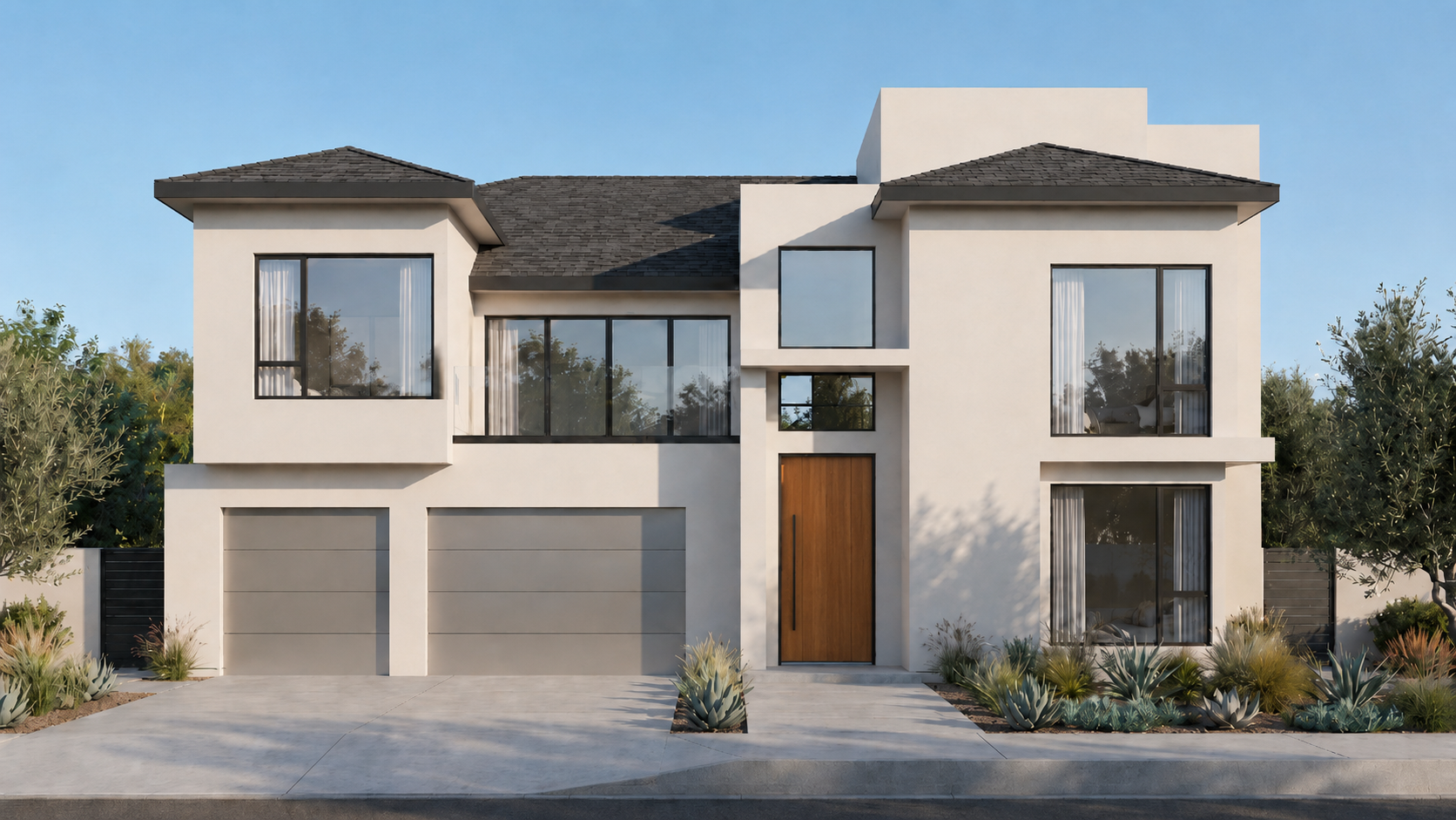 Modern home exterior in Miami designed through CMod Interiors' interior design services, with light stucco walls and natural wood accents.