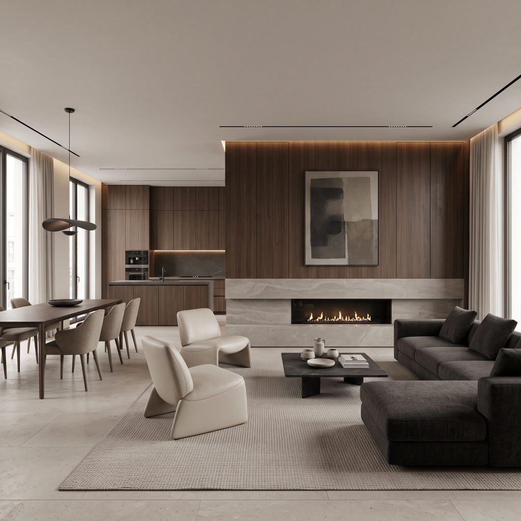 Warm modern open-plan living, dining, and kitchen with walnut millwork, a stone fireplace, sculptural seating, dark upholstered sofa, and floor-to-ceiling windows.