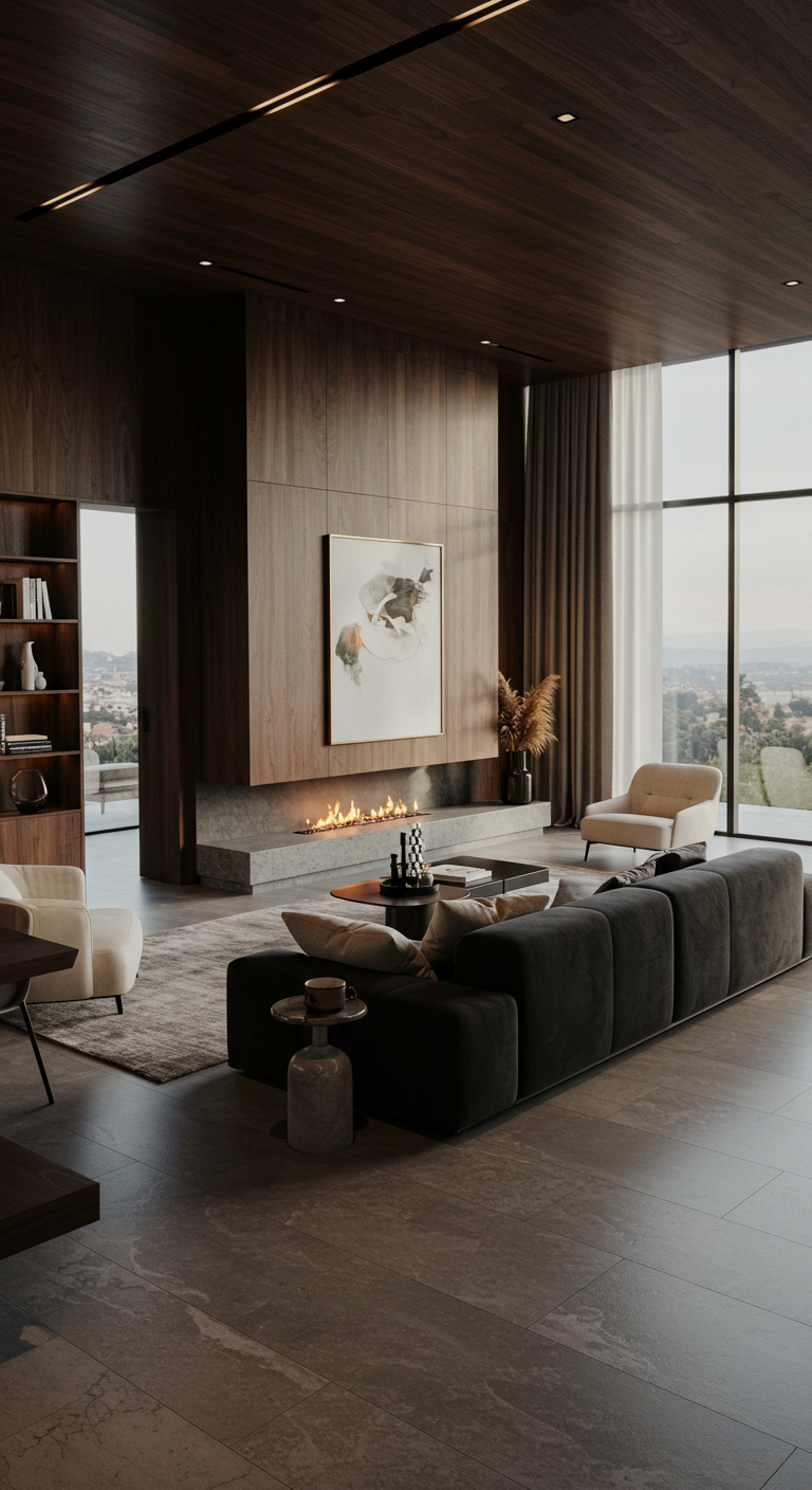 Warm contemporary living room with dark walnut wall paneling, integrated linear fireplace, sculptural seating, stone flooring, and floor-to-ceiling windows overlooking the landscape.