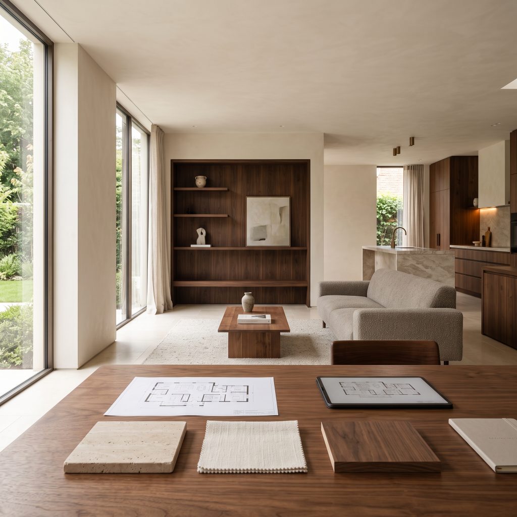 Design consultation workspace for CMod Interiors' Miami interior design services, with floor plans and material samples.