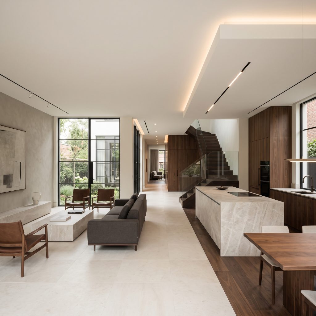 Warm modern open-plan living, dining, and kitchen interior with walnut cabinetry, stone island, sculptural staircase, large black-framed windows, and layered architectural lighting.