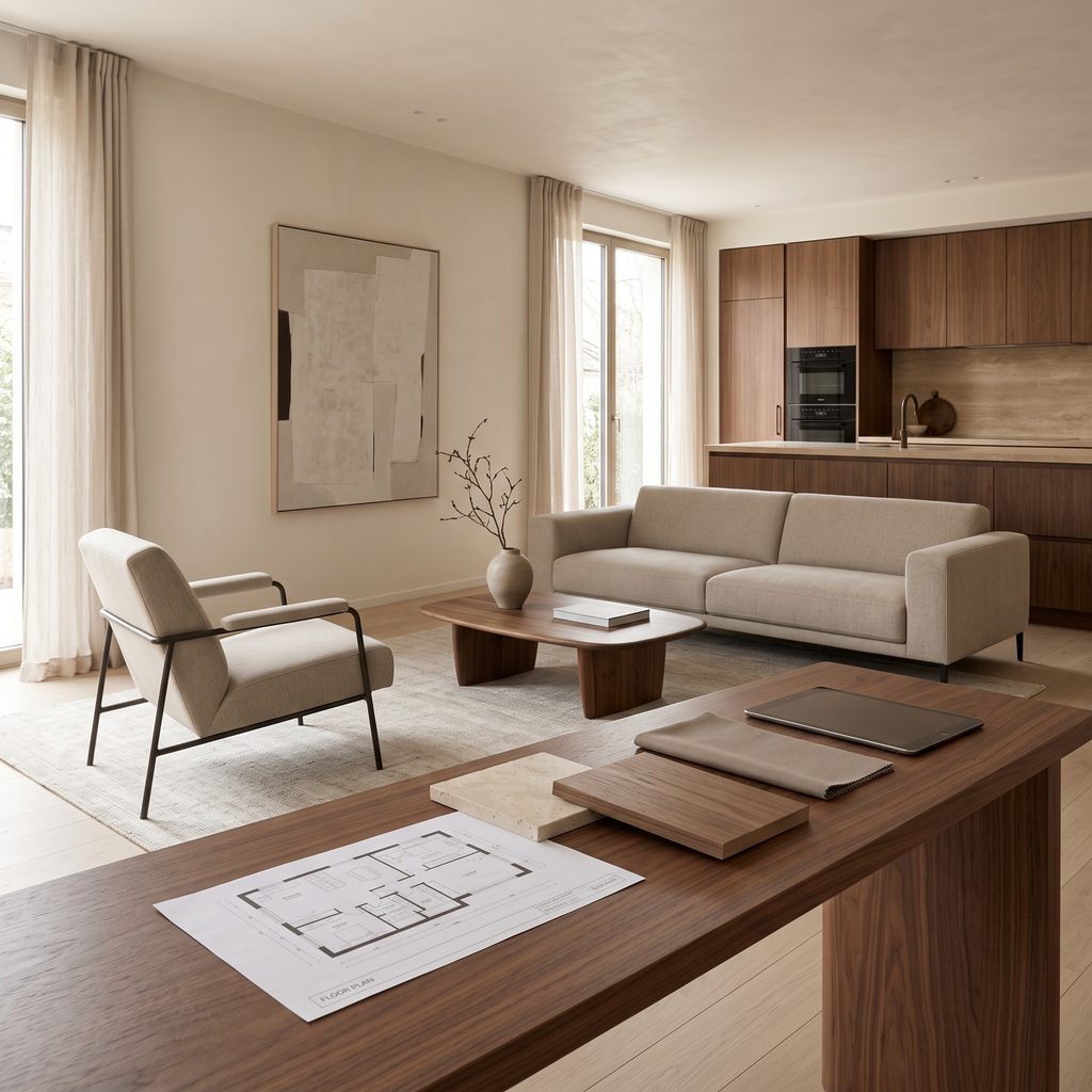 Warm modern living and kitchen interior with walnut cabinetry, neutral furnishings, natural light, and a designer worktable with floor plans and material samples.